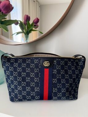 Gucci Navy GG Denim Cosmetic Pouch with Red & Blue Web Stripe